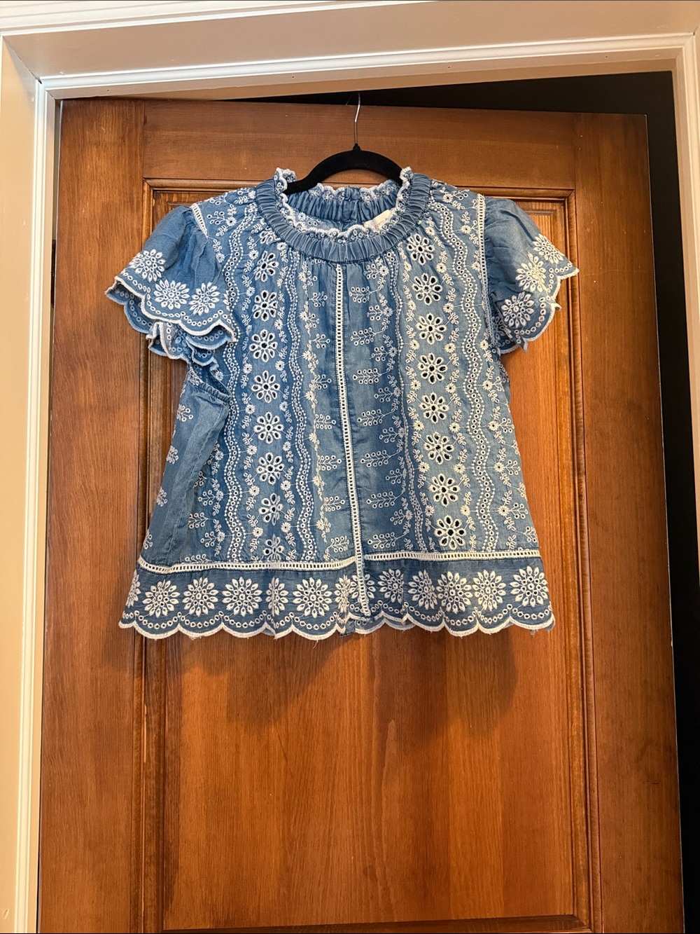 Embroidered Blue Eyelet Ruffle Neck Blouse
